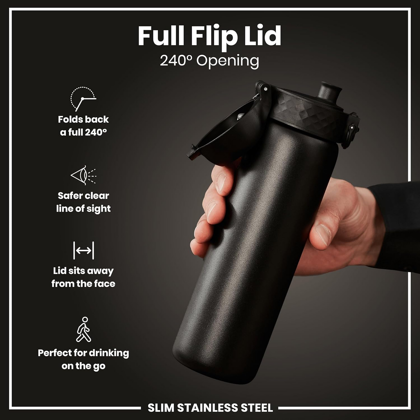ION8 Leak Proof Slim Water Bottle - Black - 600ml (20oz)