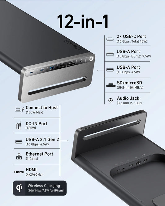 USB 3.2 Docking Station | 12-in-1 Monitor Stand Wireless Charging