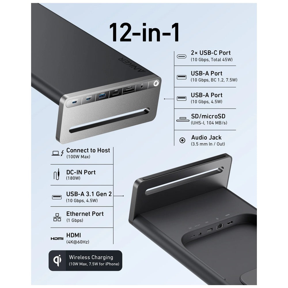 USB 3.2 Docking Station | 12-in-1 Monitor Stand Wireless Charging