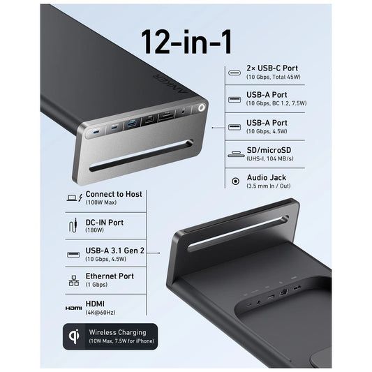 USB 3.2 Docking Station | 12-in-1 Monitor Stand Wireless Charging