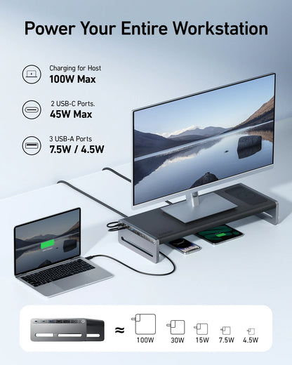 USB 3.2 Docking Station | 12-in-1 Monitor Stand Wireless Charging
