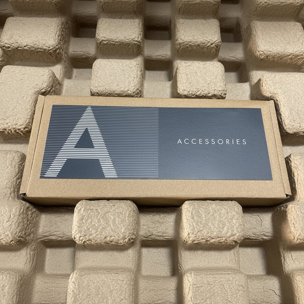 Box labeled 'Accessories' on a textured stone surface