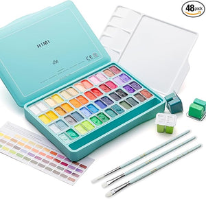HIMI Gouache Paint Gift Set, Twin Cup 48 Colors X 12g, 3 Brushes, Pad Palet