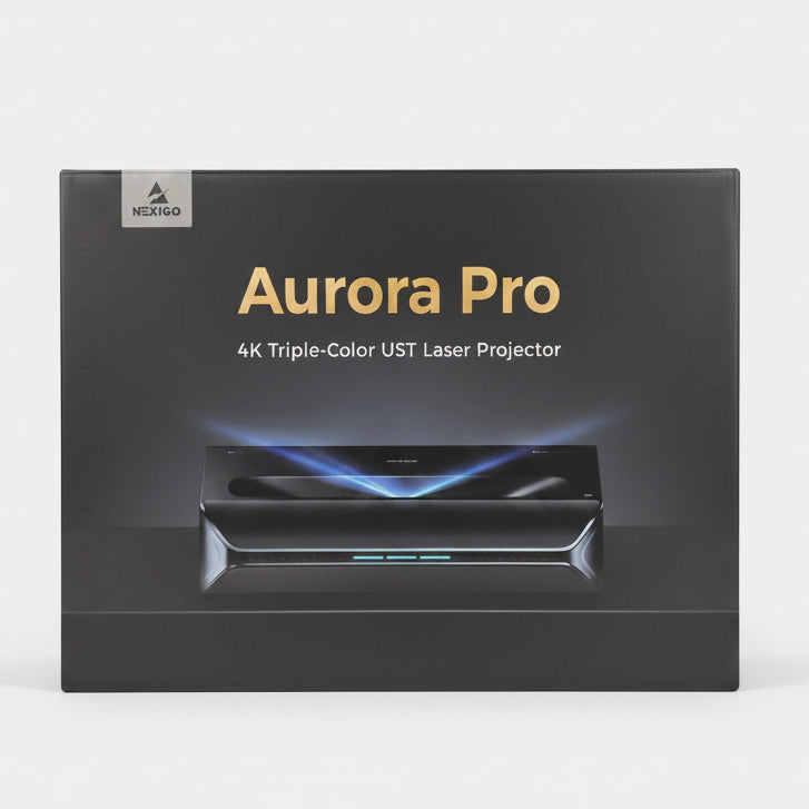 Box of a 4K Triple-Color UST Laser Projector named Aurora Pro on a beige background.