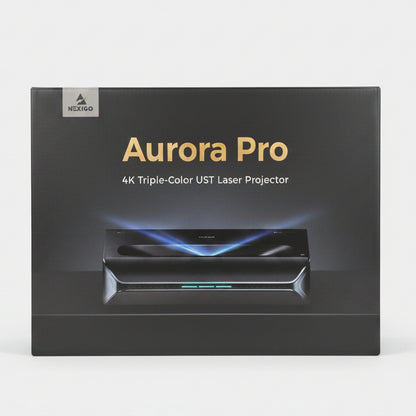 Box of a 4K Triple-Color UST Laser Projector named Aurora Pro on a beige background.