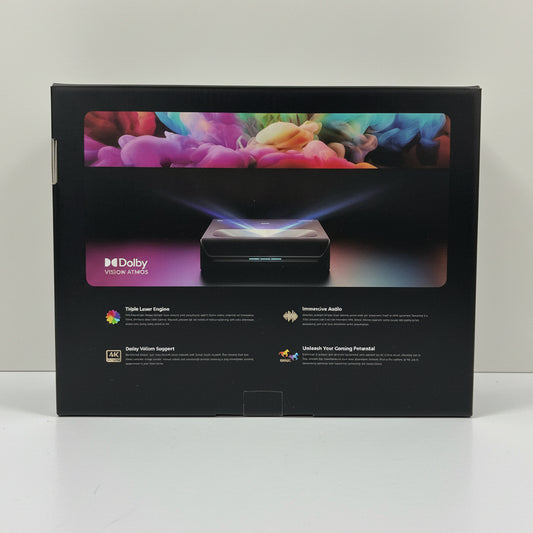 Box of a Dolby equipment with colorful display and text on a white background