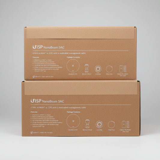 Brown box with UISP NanoBeam 5AC branding on a white surface