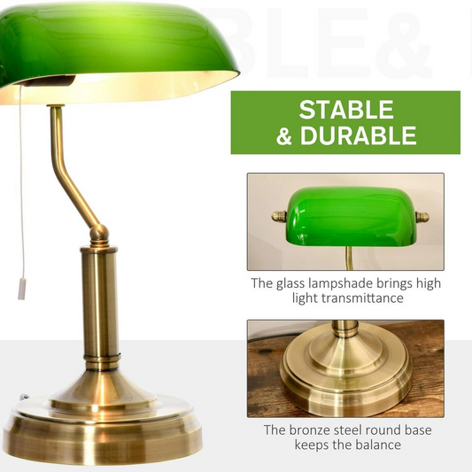 Banker's Desk Lamp | Antique Bronze Sturdy Base Green Glass Shade