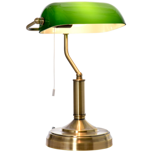Banker's Desk Lamp | Antique Bronze Sturdy Base Green Glass Shade