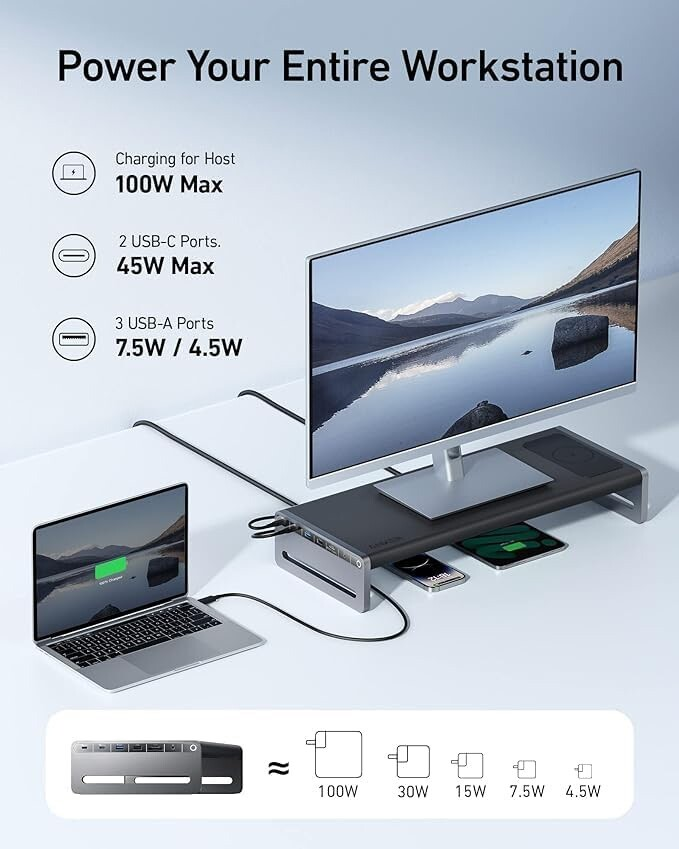 USB 3.2 Docking Station | 12-in-1 Monitor Stand Wireless Charging