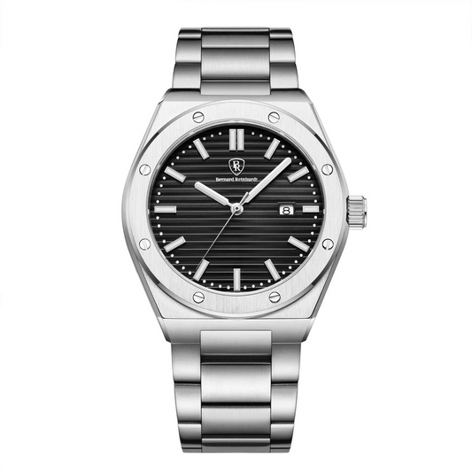 Bernard Reinhardt: Men's Luxury Black Dial Swiss Movement SS Case Strap