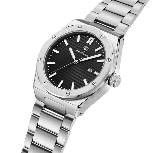 Bernard Reinhardt: Men's Luxury Black Dial Swiss Movement SS Case Strap