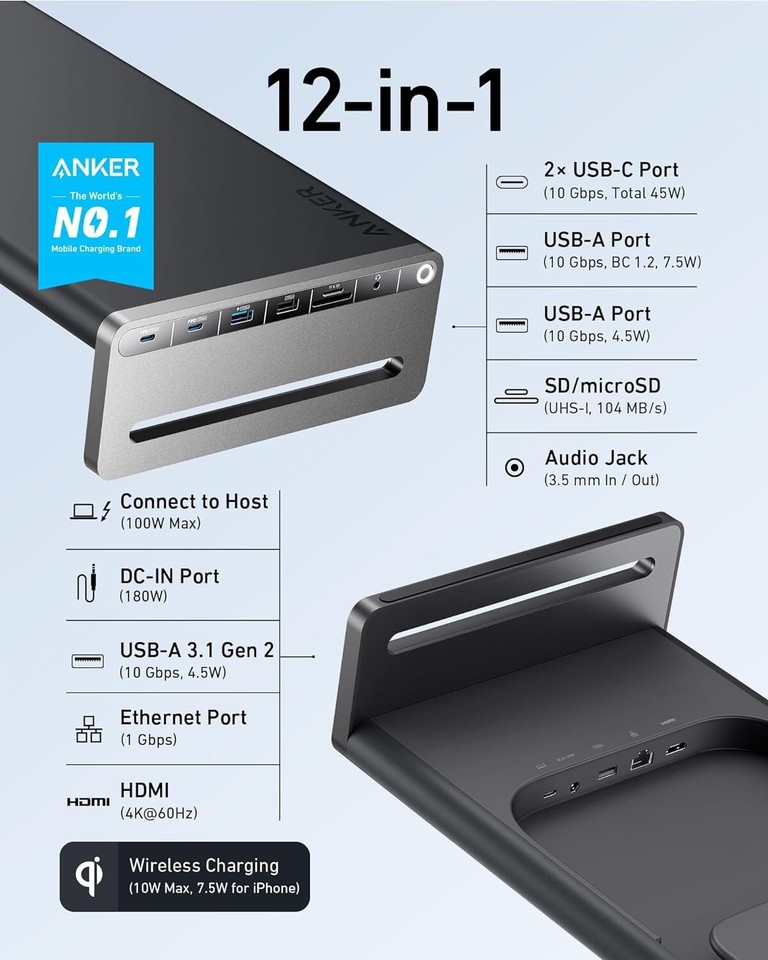 USB 3.2 Docking Station | 12-in-1 Monitor Stand Wireless Charging